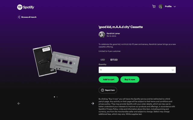 Desktop view of Spotify's online merch store
